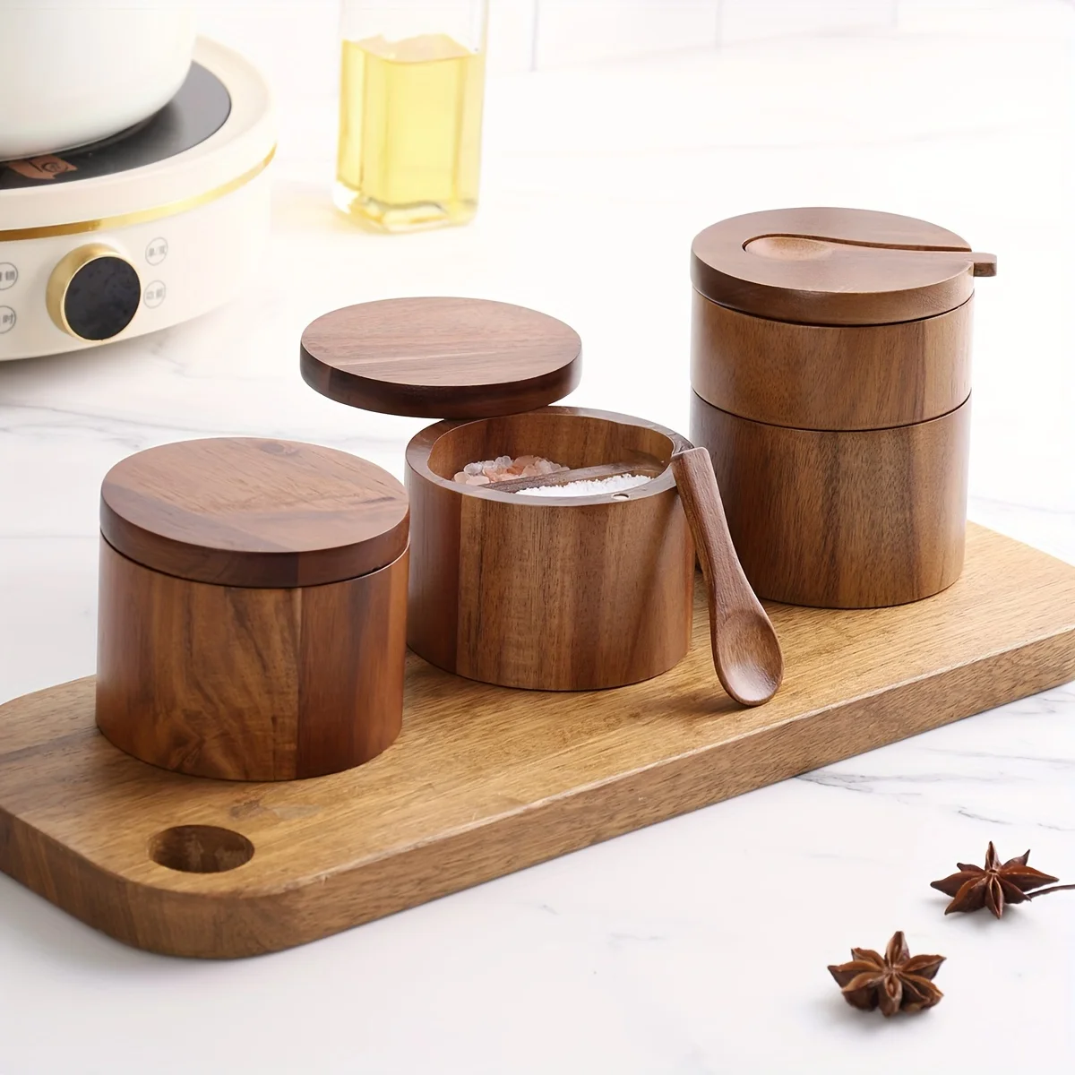 Acacia Wood Salt Jar with Spoo - Herb Keeper Bottle ulasan dan harga