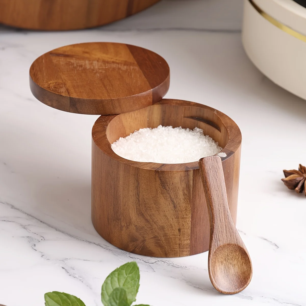 Acacia Wood Salt Jar with Spoo - Herb Keeper Bottle ulasan dan harga